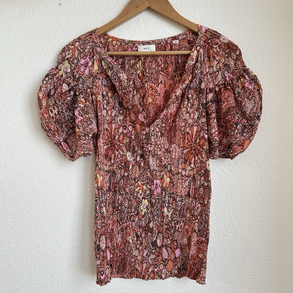 A.L.C. Pleated Puff Sleeve Top Womens Size 6 Multicolor Silk Blend‎ 5TOPS01179